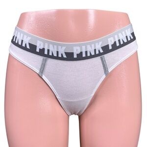 Victoria’s Secret PINK White Thick Logo Stripe Band Thong Panty Small‎ Rare